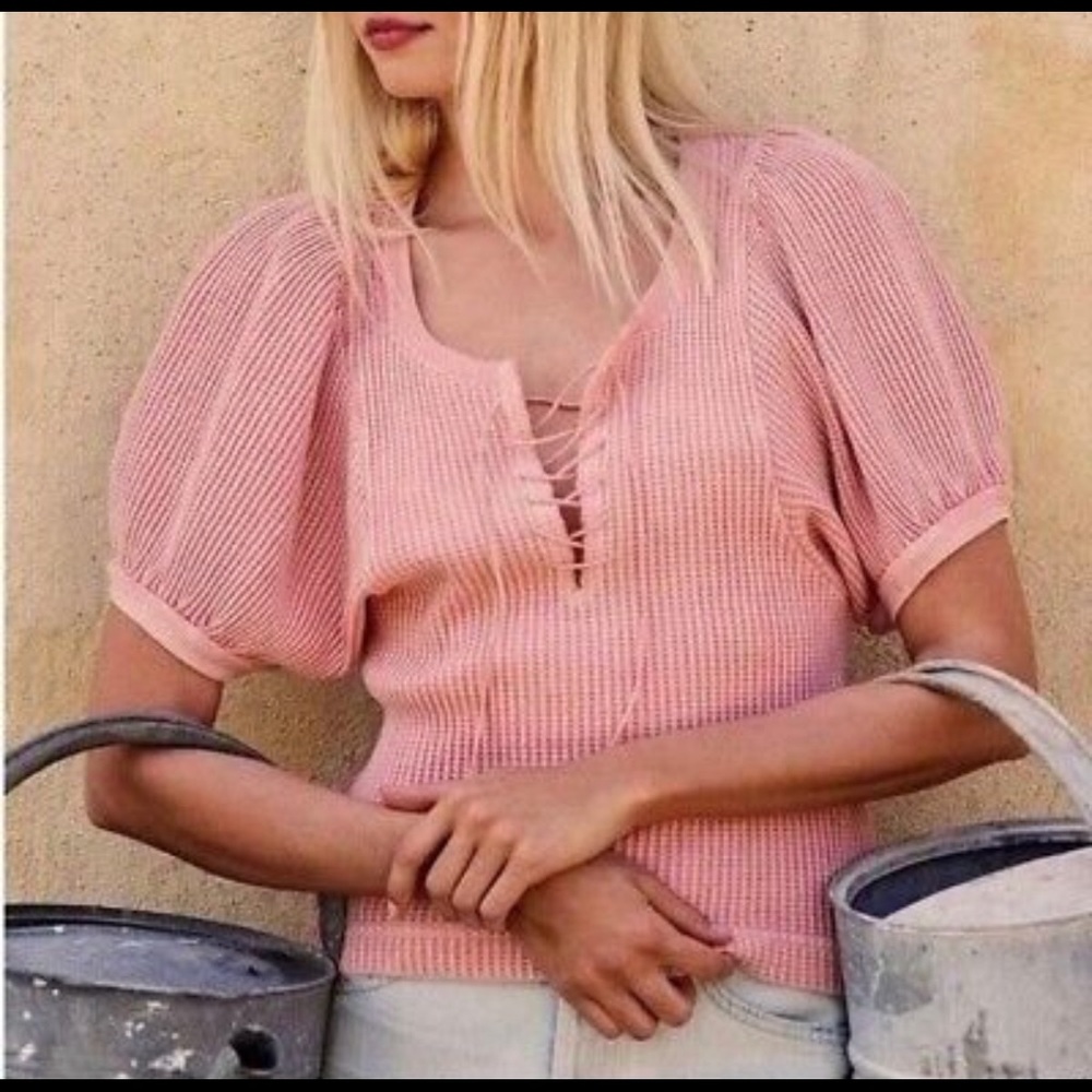 Free People Hayden Waffle Ribbed Puff Sleeve Shirt Lace Up Thermal Pink XS - Picture 1 of 7
